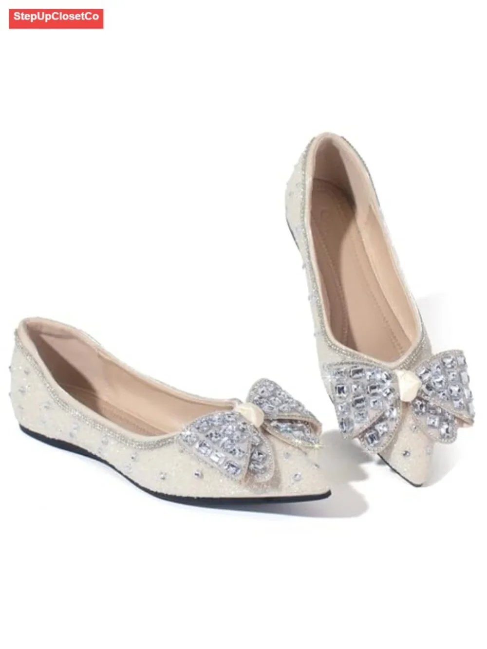 Women's Ballet Flats with Bow Rhinestone Sequin Pointed Toe Comfort Slip On